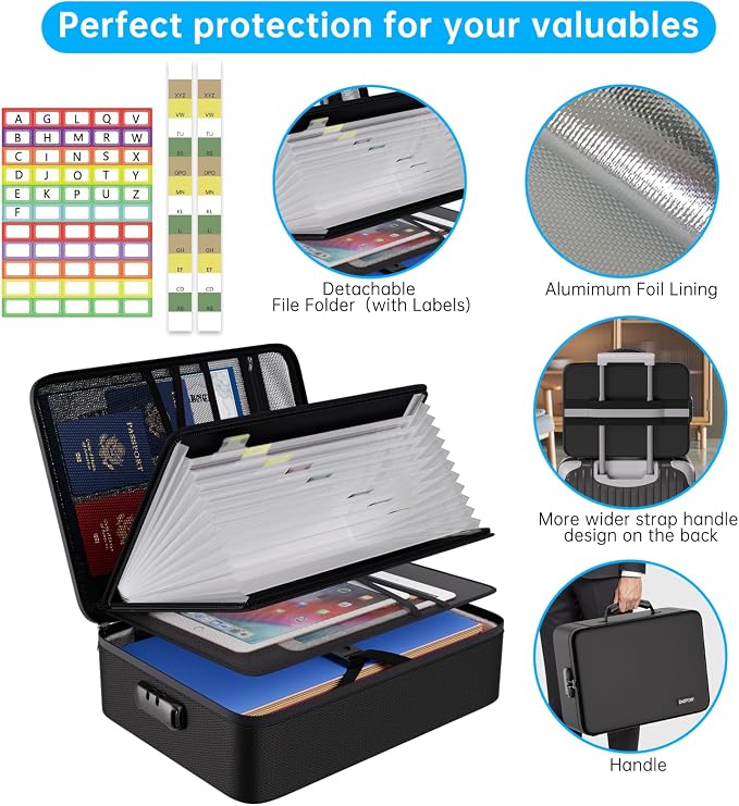 ENGPOW Fireproof Document Organizer Bag with Lock ＆ Accordion File Folder | 5200℉ Multi-Layer File Organizer Box with Lock ,Heat Insulated, Water Resistant, Safe Storage for Home Office Travel, Black