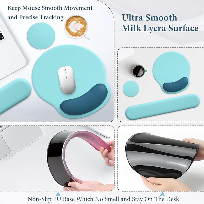 3 in 1 Ergonomic Mouse Pad and Keyboard Wrist Rest with Coaster Set-Blue | Cute Large Mousepad with Gel Wrist Support for Gaming Computer Laptop Women Office Home Desk Decor