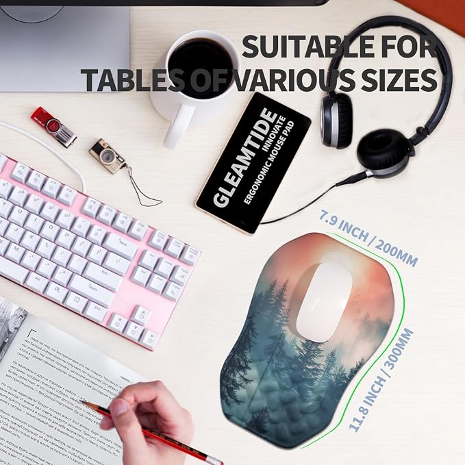 Ergonomic Raised Mouse Pad Wrist Support with Bilateral Slope Memory Foam Mousepad for Wrist Rest and Carpal Tunnel Pain Relief 11.8x7.9〃Misty Forest Twilight