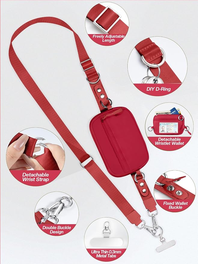 Tiostep Clip and Go Strap for Phone with Wallet Crossbody Phone Lanyard Adjustable and Detachable RFID Wristlet Wallet (Red, Medium)