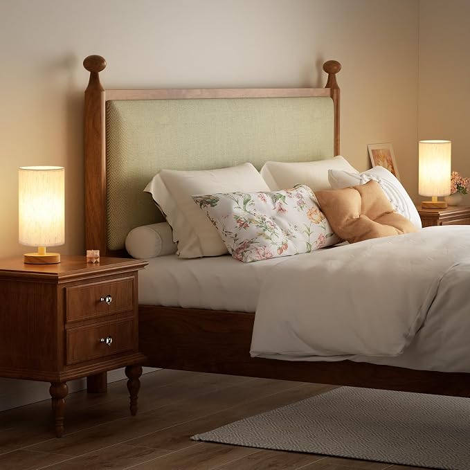 Small Lamps Set of 2 (Cream Shade - Wood Base, 9" Inline Control) | Two 3000K LED Blubs Included | 680 Lumens | Easy Assembly | Minimalist Design | E26 | for Kitchen | for Kids Room