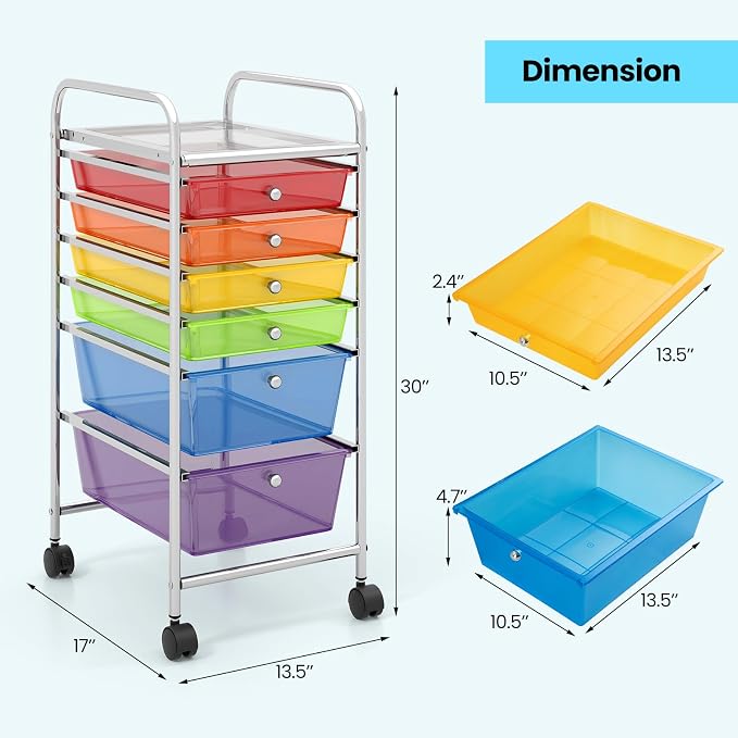 COSTWAY 6-Drawer Rolling Storage Cart, Art Craft Tools Organizer on Wheels | Multifunctional Heavy Duty Utility Mobile Storage Trolley w/ 2 Lockable Wheels for Home Office School (Rainbow)