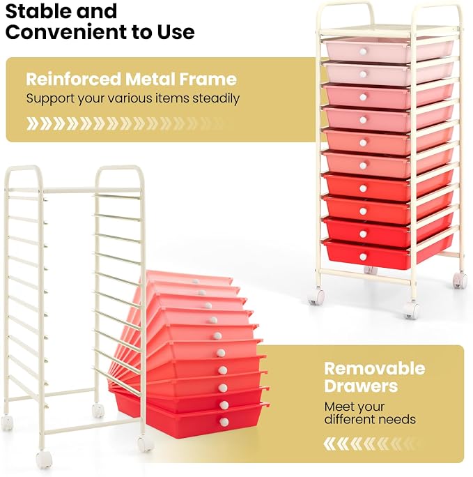 COSTWAY 10-Drawer Rolling Storage Cart, Utility Mobile Trolley | Removable Drawers & Universal Casters & 2 Brakes, Versatile Flexible Drawer Organizer Cart for Home, Office (Mixed Pink)