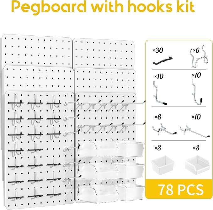 Peg board, Metal Pegboard for Tools, 8 Pack White Wall Organizer with Hooks | 12"x16" steel panels with 36 hooks, 6 bins and peg locks for garage tools, kitchen, office and craft storage
