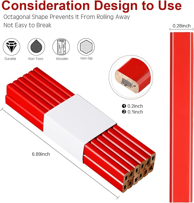 120 Pcs Carpenter Pencils Bulk Construction Plan Medium Hard Natural Wood Cased Quality Flat Wood Octagonal Red Hard Black Pencils for Woodworking Marking