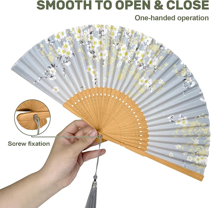 EOSAU Bamboo Hand Fan Foldable 8.3 Inch, Portable Folding Fan with Pouch for Church Wedding Makeup, Small Decorative Cooling Fan for Women (Gray)
