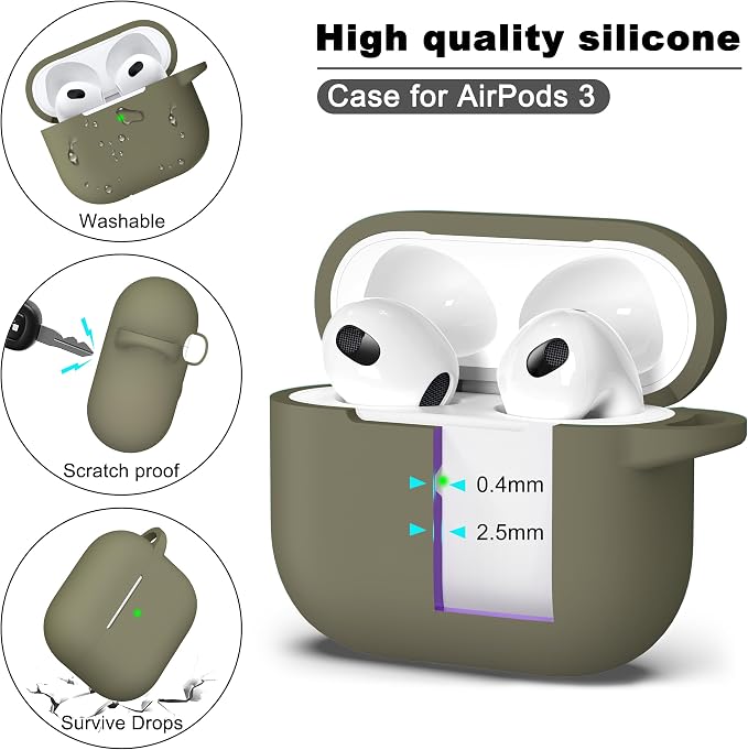 R-fun Compatible with AirPods 3 Case Cover, Silicone Protective Accessories Skin with Keychain Compatible with Apple AirPod 3rd Generation 2021 for Women Men Girls Boys,Front LED Visible,Olive Green