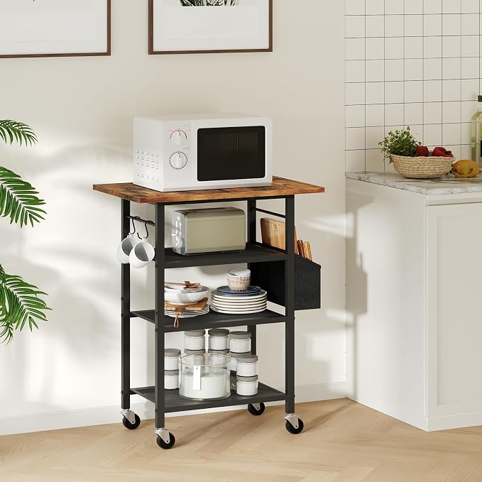 MAHANCRIS 4-Tier Printer Stand, Rolling Printer Table on Wheels, Industrial Storage Stand with Side Pocket, Wooden Tabletop, 2 S-Shaped Hooks, for Home Office, Rustic Brown and Black PTHR2601
