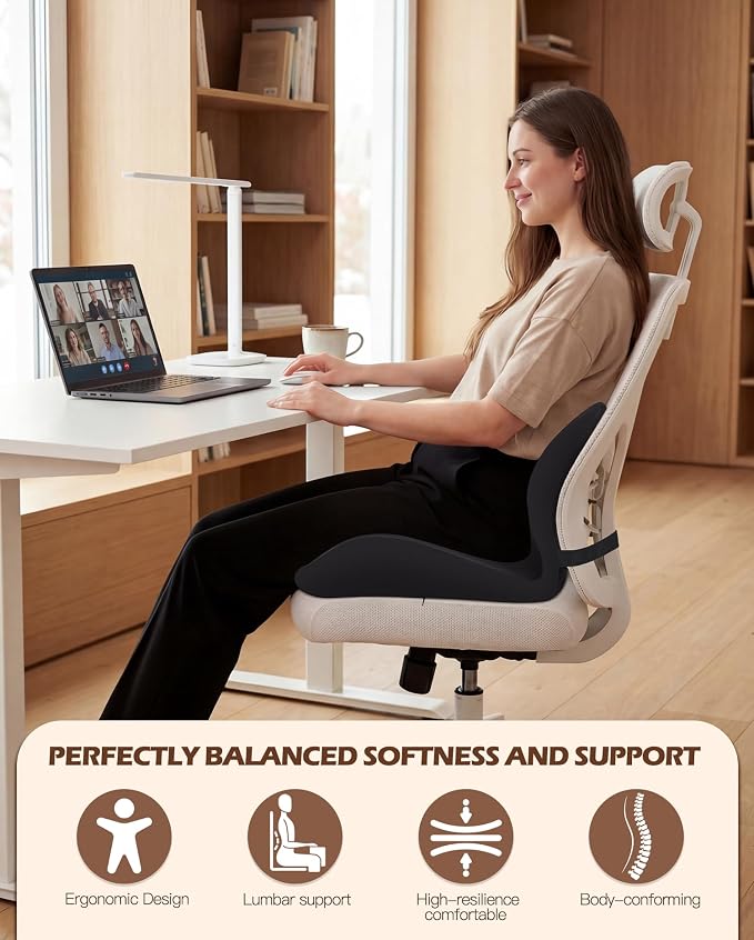 Office Chair Cushion for Tailbone & Low Back Pain Relief, Seat Cushions for Office Chairs with Comfortable Foam and High Backrest, Suitable for Office Chairs, Cars, Trucks, and Home Chairs