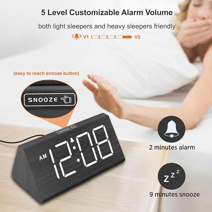DreamSky Wooden Digital Alarm Clock for Bedroom with RGB Large Numbers | Electric Desk Clock, USB Port, Loud Alarm for Heavy Sleepers, Dimmer and Volume Control, Snooze, Wood Décor, Adapter Powered
