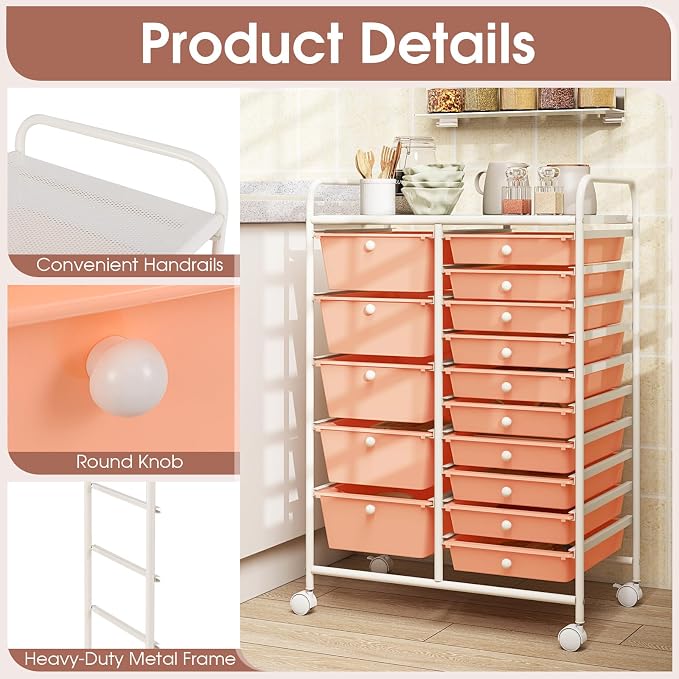 COSTWAY 15 Drawer Rolling Storage Cart, Mobile Storage Organizer | Removable Drawers & Metal Frame, Multipurpose Utility Tools Paper Organizer on Wheels for Home, Office (Peach)
