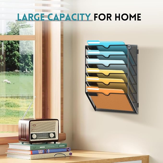 6 Tier Wall File Organizer, Hanging Wall Mounted Mail Organizer with Label Slots, Metal Mesh File Holder Magazine Rack for Office, Home, School or Classroom, Black, 2Pack