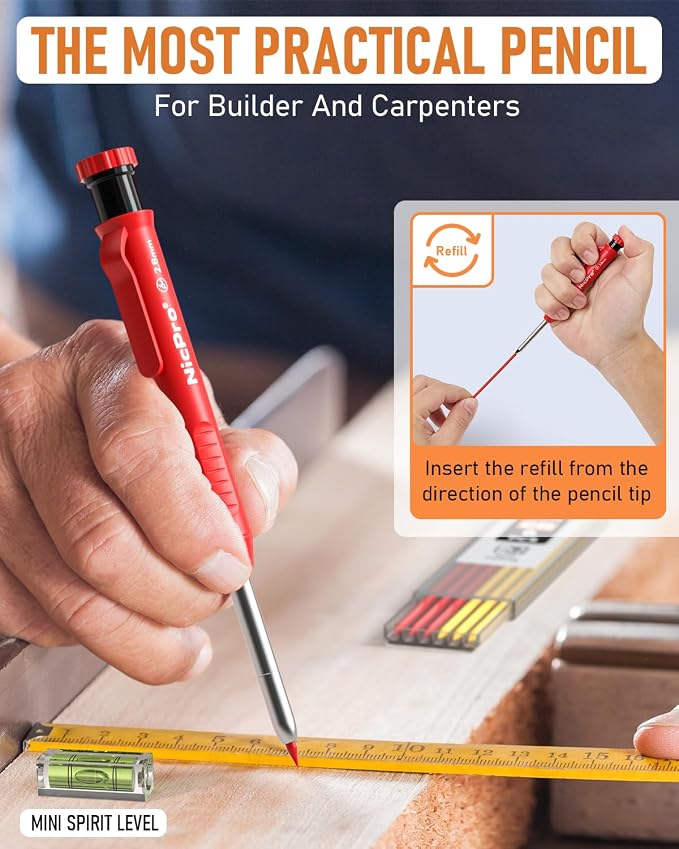 Nicpro 28 Pack Carpenter Pencil Set with Sharpener, Canvas Case | Mechanical Carpenter Pencils + 127PCS Refill, Carbide Scribe Tool, Heavy Duty Construction Pencils for Architect Woodworking
