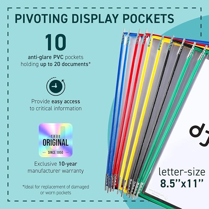 Tarifold Replacement Pivoting Pockets, Letter Size, Assorted, 10 Pack | 10 non-glare wire-reinforced PVC pockets hold 20 letter-size sheets, snap-on index tabs included, top-loading