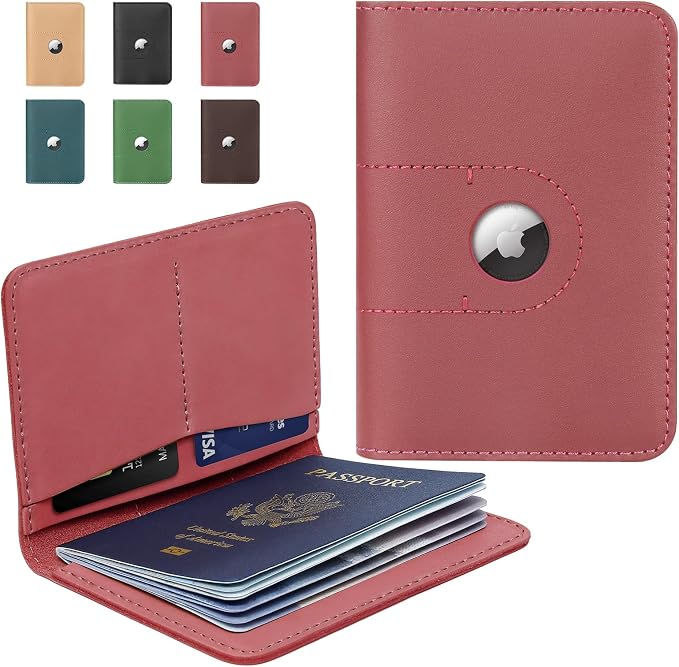 ALLIVE Passport Holder for Travel, Genuine Leather Passport Holder with AirTag Slot for Women and Men, Passport Cover Wallet Travel Must Haves Airport Essentials,Travel Gifts, Pink