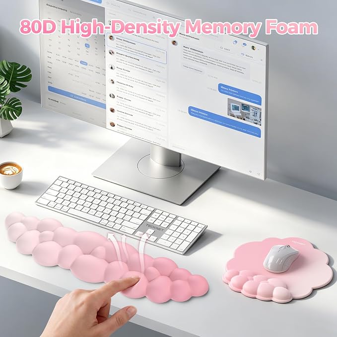 TECKNET Cloud Wrist Rest & Ergonomic Mouse Pad, Cloud Keyboard Wrist Rest with Non-Slip Base, PU Leather Memory Foam Wrist Pad for Keyboard and Mouse, Pain Relief for Typing, Gaming, Pink