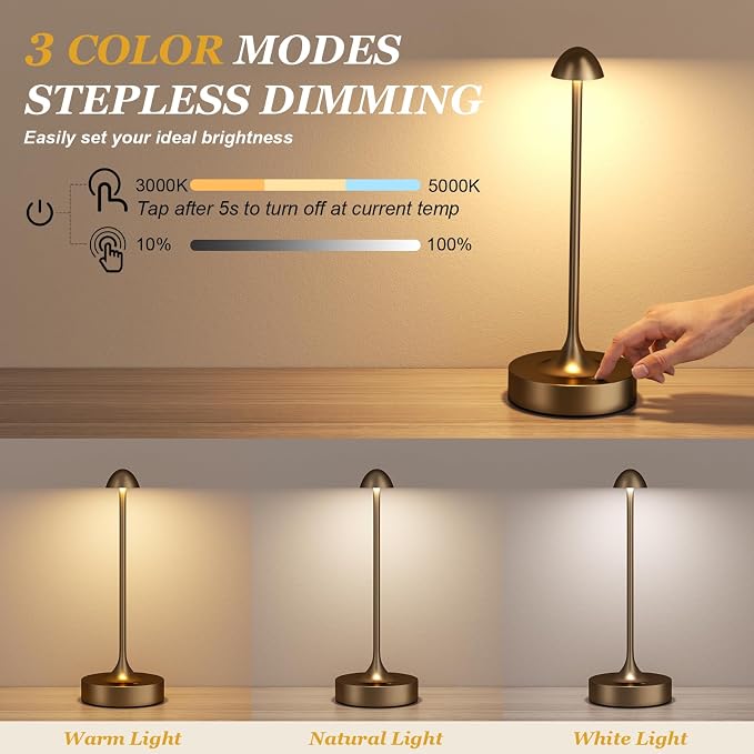 Kakanuo Rechargeable Cordless Table Lamp, Battery Operated Lamps, 3-Color Stepless Dimming, Portable Wireless Desk Lamp, LED Lighting for Dining Room, Restaurant, Office, Bar, Home(Brown 2 Pack)