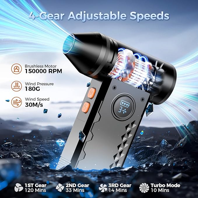 Compressed Air Duster, 150000RPM Electric Air Duster with LED Display & Light, 4 Gear Adjustable Cordless Air Blower, Rechargeable Brushless Motor Turbo Fan for Keyboard, Electronic Devices, Home, Car