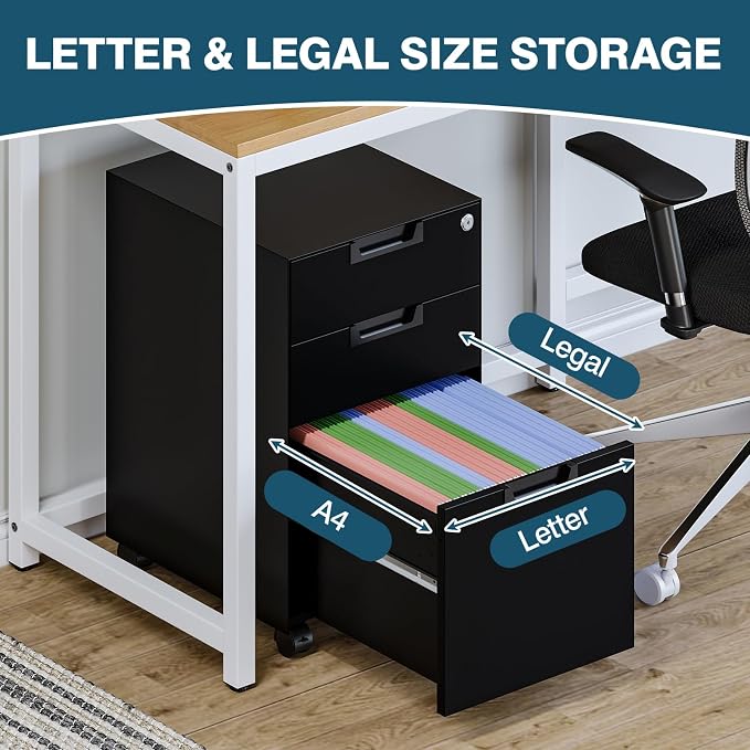 MIIIKO 3 Drawer Filing Cabinet with Lock, Metal Black Vertical File Cabinets for Home Office, Full Assembled File Cabinets Under Desk, Letter/Legal/A4 File Folders Storage