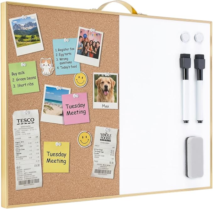 Small Combination Board - 12" X 16" Portable Aluminum Gold Framed Magnetic Dry Erase Board for Wall, Small Bulletin Cork Board with Holder for Office, Home and School