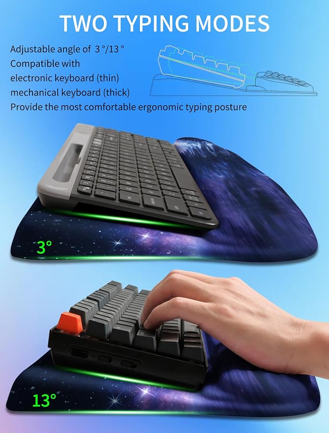 Ergonomic Wave Wrist Rest with Keyboard Stand, Cushioned Palm Rest, Comfortable Integrated Memory Foam for Natural Typing and Relieve Wrist Pain, Moon and Starry Sky