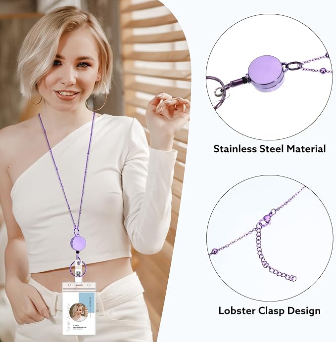 Lanyards for Id Badges 3 Pack Badge Lanyard with 6 Pcs Id Badge Holder Retractable Stainless Steel Teacher Lanyard Cruise Ship Lanyards for Girl Women (Purple, Pink, Bright Blue)