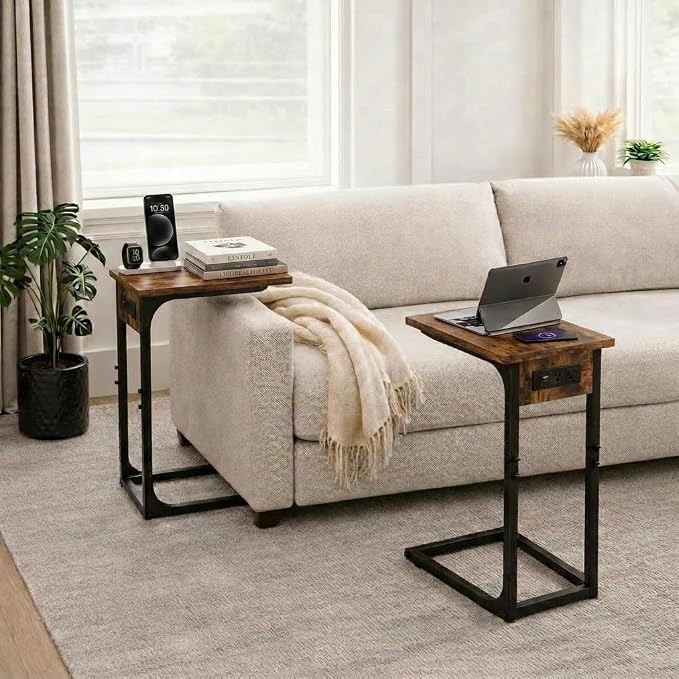 TEMI C Shaped End Table for Couch with Charging Station, Small Side Table TV Tray for Eating or Laptop, Accent Desk for Sofa or Chair, Space Saving Living Room Bedroom, Rustic Brown