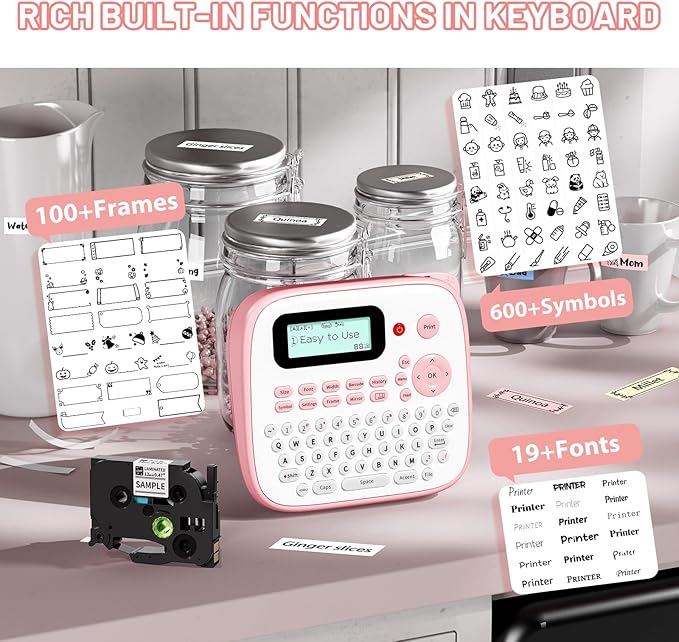 Pink Label Maker Machine with-Tape, Portable Kids Label Maker, QWERTY Keyboard Labeler Handheld, D210S Easy Labeler with Multiple Fonts Frame Barcode for Home Office School Supplies