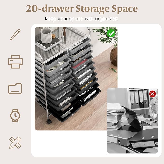COSTWAY 20-Drawer Rolling Storage Cart, Utility Storage Organizer Cart | For Tools, Scrapbook, Paper, Craft, Multipurpose Storage Trolley on Wheels for Home Office School (Mixed Black)