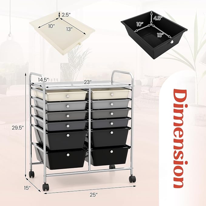 COSTWAY 12-Drawer Rolling Storage Cart, Moveable Art Craft Organizer | Lockable Wheels, Metal Shelf, Files Arrangement Tools Makeup Storage Cart for Office, Home, School (Mixed Black)