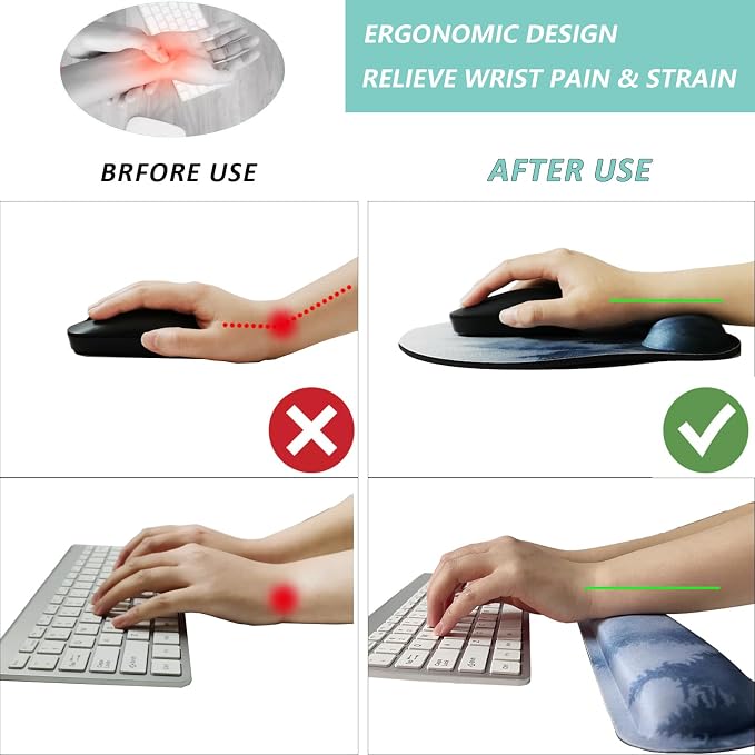 Keyboard Wrist Rest Pad Mouse Pad with Wrist Support Set of 3, Mousepad with Non-Slip Rubber Base, Ergonomic Memory Foam Mouse Wrist Cushion Support for Home Office Laptop Computer Gaming, Forest