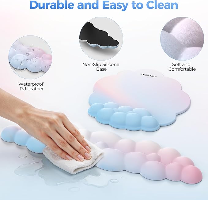 TECKNET Cloud Wrist Rest & Ergonomic Mouse Pad, Cloud Keyboard Wrist Rest with Non-Slip Base, PU Leather Memory Foam Wrist Pad for Keyboard and Mouse, Pain Relief for Typing, Gaming, Rainbow