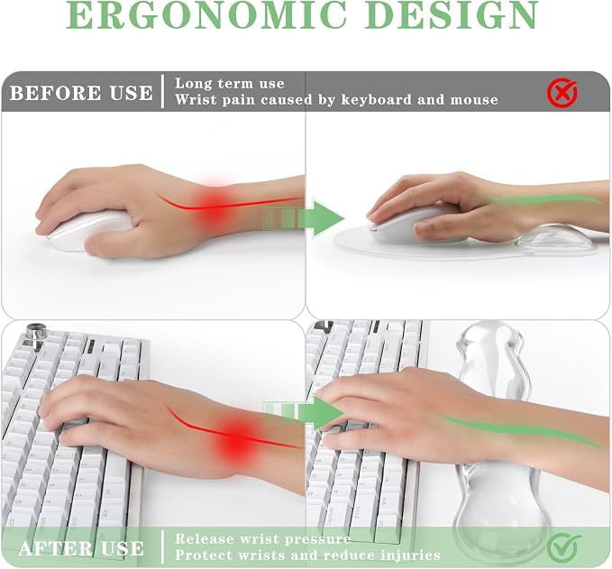 Gel Wrist Rest for Keyboard and Mouse Pad Set - Clear White | Ergonomic Cute Computer Keyboard Wrist Pad Support for Pain Relief, Non-Slip Desk Accessories for Office and Home