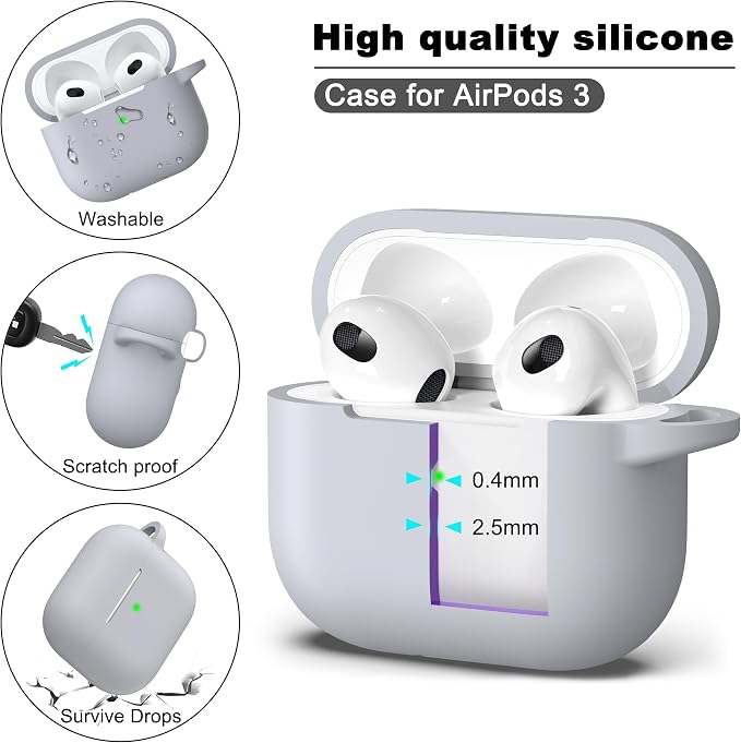 R-fun Compatible with AirPods 3 Case Cover, Silicone Protective Accessories Skin with Keychain Compatible with Apple AirPod 3rd Generation 2021 for Women Men Girls Boys,Front LED Visible,Light Grey