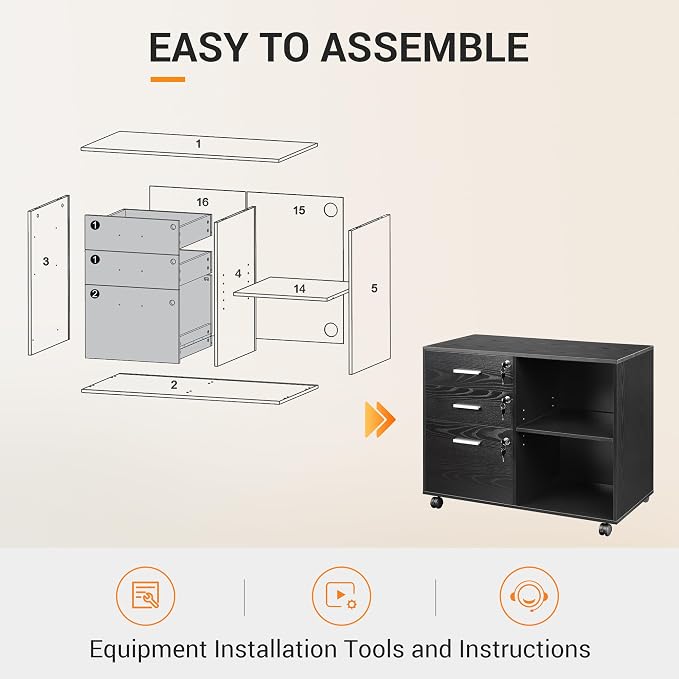 DEVAISE 3-Drawer File Cabinet with Lock, Mobile Wood Filing Cabinet, Black | Rolling Printer Stand, Office Cabinet, Open Storage Shelves, Letter & A4 Compatible, Home Office, Under Desk Storage