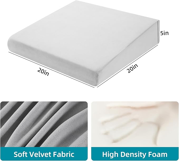 HOMBYS Wedge Recliner Seat Cushion for Long Sitting Chair, Cushion for Elderly Esay to Get Up,5" Thick 20"x20" Large Pressure Relief Seat Cushion for Recliner, Office, Car, Velvet & Foam,Light Grey