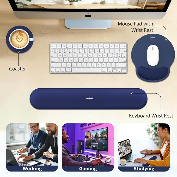 Mouse Pad and Keyboard Wrist Rest, 3-in-1 Gel Memory Foam Ergonomic Mouse Pad with Wrist Rest Set, Gaming Mousepad Arm Cushion Support for Computer Office Desk Accessories Cute Setup,Dark Blue
