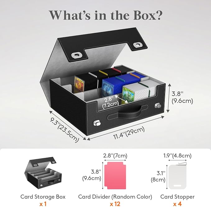 Lifewit Trading Card Storage Box with Handle, Holds Up to 1800 Sleeved Cards with 12 Adujstable Dividers & 4 Stoppers, Aluminum Closure PU Leather Case for MTG, PTCG, YGO, Sports Cards, Black& Gray