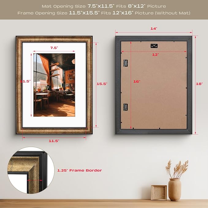 Golden State Art, 12x16 Black Trim Gold Frame - White Mat for 8x12 Photo - Vintage Antique Style - Brushed Texture Finish - Wall Mounting - Portrait/Landscape - Tempered Glass