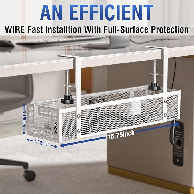 Cable Management Tray, 15.75" Under Desk Cable Management No Drill | Heavy Duty Metal Cord Organizer for Standing Desk, Gaming Desk, Home Office Wire Management for Home Office, 2 Pack, White