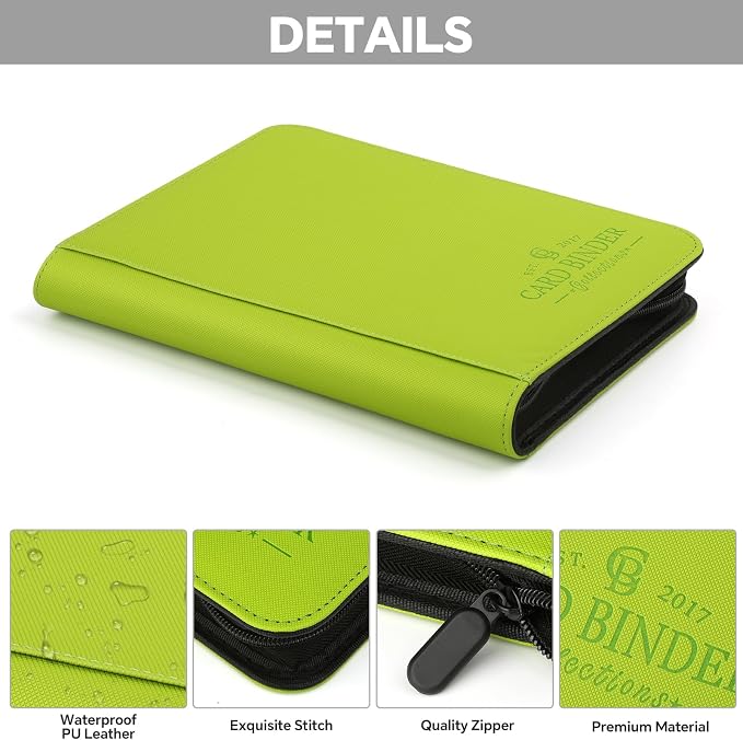 Toploader Binder, 4 Pocket Trading Card Binder Holds 128 Top Loaders, Premium Zipper Card Storage Case with Double-Sided Pockets for 3x4'' Toploaders, TCG, MTG, Sports Cards.(grass green)