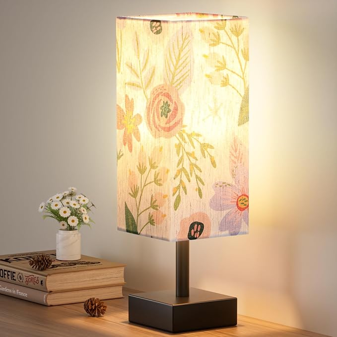 aooshine Small Bedside Table Lamp for Bedroom - Square Floral Fabric Shade | Inline Rocker Switch, Corded Electric, Bulb Not Included, 12.8" Mini Table Lamp for Nightstand, Desk, Dorm, Office
