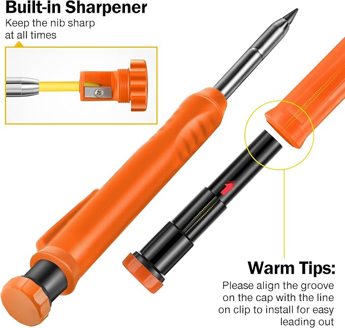 Hiboom 2 Pack Carpenter Pencils with Pencil Cap and 18 Refills, Orange | Mechanical Pencil, Deep Hole Marking, Built-In Sharpener, Long Nose Tip, Pocket Clip, Marks Many Surfaces, Woodworking Use