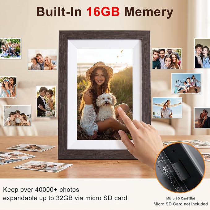 Digital Picture Frame, 10.1" Frameo Digital Frame WiFi with 1280x800 HD IPS Touch Screen, Auto-Rotate, Wall Mountable, Instant Share Photos & Videos from Phone via App, Brown Wood