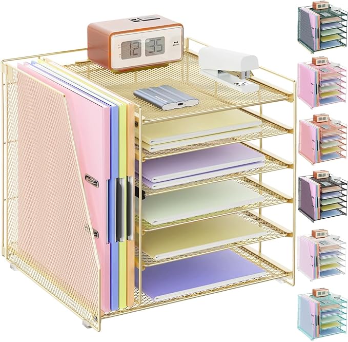 gianotter 6-Tier Paper Organizer With Magazine Holder | Desk Organizers and Accessories, File Organizer for Office Supplies Storag (Gold, 6-Tier)