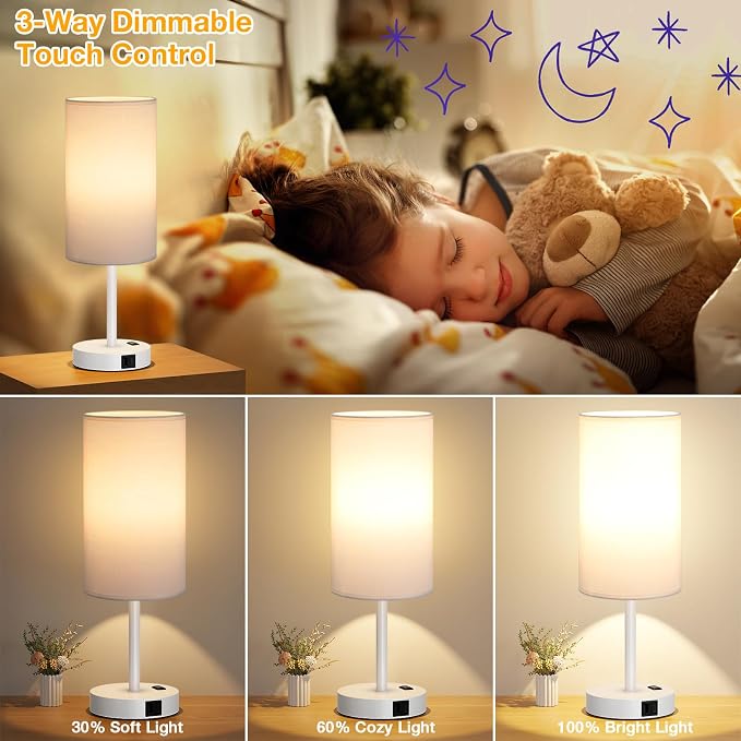 Dicoool 17.4" Bedside Lamp for Bedroom - Dimmable Touch, USB A+C, AC Outlet | LED Bulb Included, 3-Way Dimmable, 17.4" Table Lamp for Living Room, Dorm, White Fabric Lampshade, White Metal Base