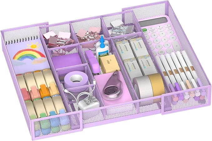 Expandable Desk Drawer Organizer Tray with 10 Adjustable Compartments, Metal Mesh Office Drawer Organizer, Versatile Desk Organizer for Home, School Supplies, Makeup Vanity & Jewelry (Purple)