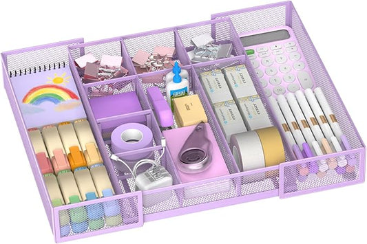 Expandable Desk Drawer Organizer Tray with 10 Adjustable Compartments, Metal Mesh Office Drawer Organizer, Versatile Desk Organizer for Home, School Supplies, Makeup Vanity & Jewelry (Purple)