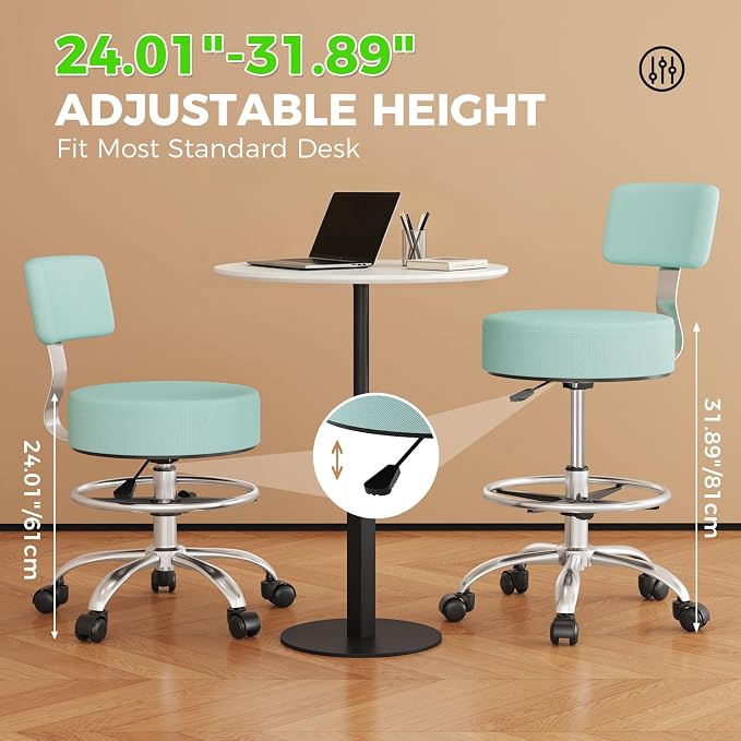 Office Drafting Chair with Footrest, Tall Height Adjustable Stool with Back Support, Heavy Duty Rolling Stool Chair with Wheels for Office Home Kitchen Bar Shop Guitar Studio Vanity, Mint Blue