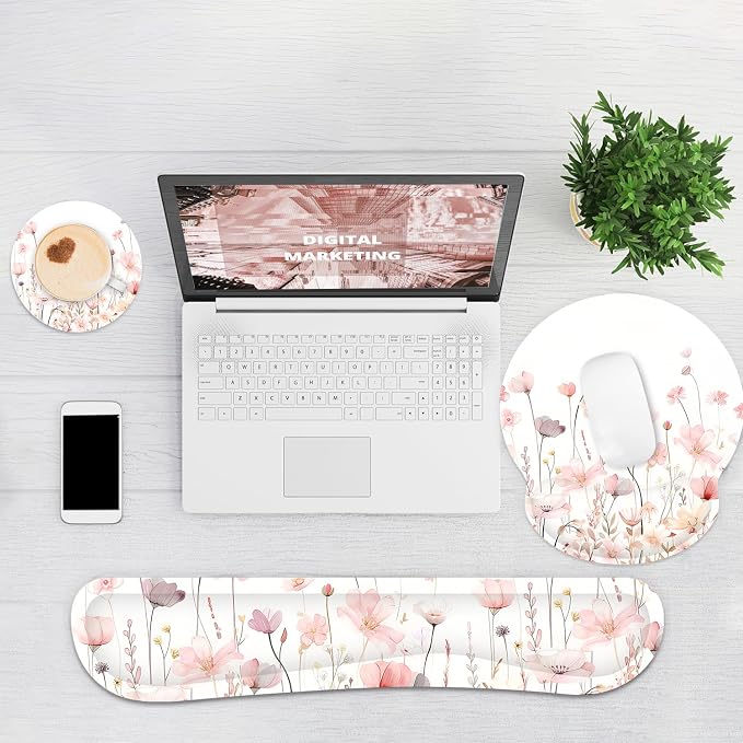Ergonomic Mouse Pad with Wrist Rest and Keyboard Wrist Rest, Mousepad | Memory Foam Wrist Rest for Computer Keyboard, Pain Relief, Non-Slip Base,Mouse Pad Wrist Support for Gaming,Watercolor Flower